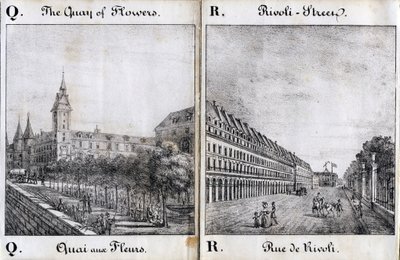 Lettre Q et A : Le quai aux fleurs et la rue de Rivoli - "Alphabet Pittoresque des Monuments de Paris" vers 1840 (gravure) - French School