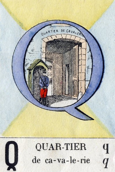 Lettre Q comme quartier. Alphabet militaire. Imagerie d
