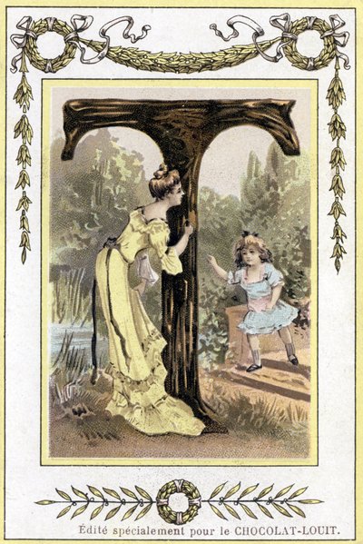 Lettre T représentant une mère et sa fille jouant à cache-cache, fin 19e siècle (chromolithographie) - French School