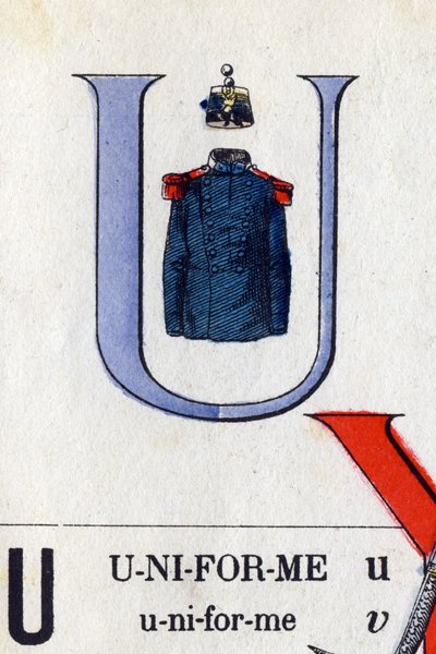 Lettre U comme uniforme. Alphabet militaire. Imagerie d