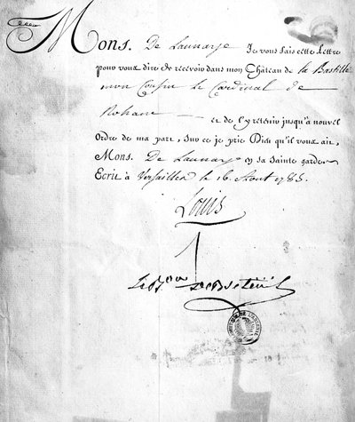 Lettre de Carhel, signée par le Baron Louis de Breteuil, ordonnant l