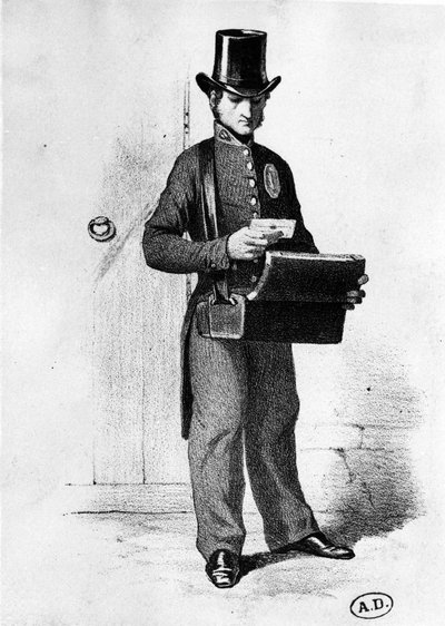 Porte-lettres : facteur vers 1850 - gravure, Bibl. des Arts déco - French School