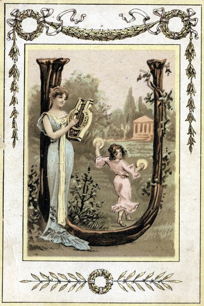Lettre représentant une mère jouant de la lyre et sa fille dansant avec un tambourin, fin 19e siècle (chromolithographie) - French School