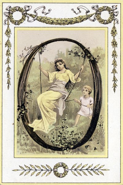Lettre représentant une mère se balançant avec son fils, fin du XIXe siècle (chromolithographie) - French School