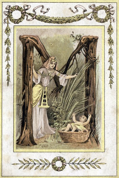 Lettre représentant une mère égyptienne trouvant un enfant abandonné (Moïse sauvé des eaux), fin 19e siècle (chromolithographie) - French School