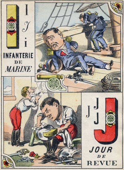 Lettres I et J : Infanterie de marine et Jour de revue. Gravure dans « Alphabet militaire comique ». Cinquième série. Imagerie d