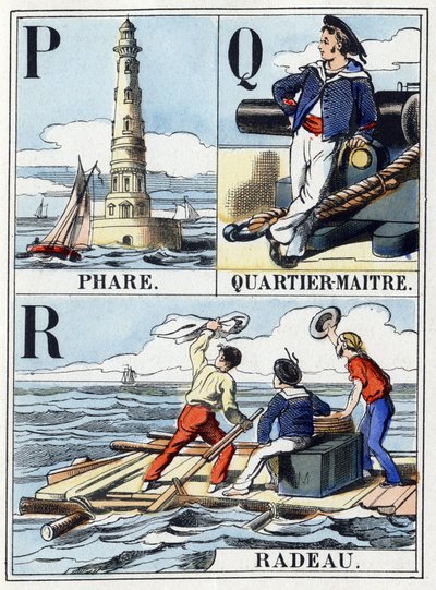 Lettres P comme phare, Q comme quartier-maître, R comme radeau. Abécédaire de la marine de 16 pages contenant un alphabet en lettres capitales. Imagerie d