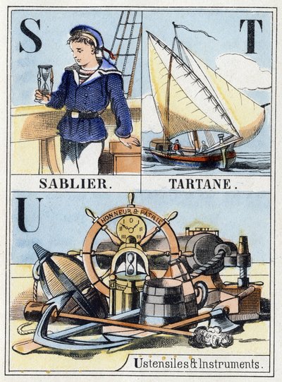 Lettres S comme sablier, T comme tartane, U comme ustensiles et instruments. Abécédaire de la marine de 16 pages contenant un alphabet en lettres capitales. Imagerie d