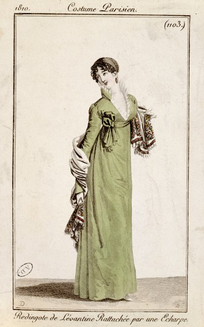 Redingote levantine fermée par une écharpe, planche de mode des Costumes Parisiens, 1810 - French School