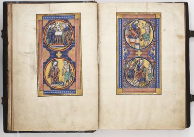 Psautier de Lewis ff.8v-9r, Présentation au Temple, et les trois tentations du Christ, c.1225-40 (tempera et or sur vélin) - French School