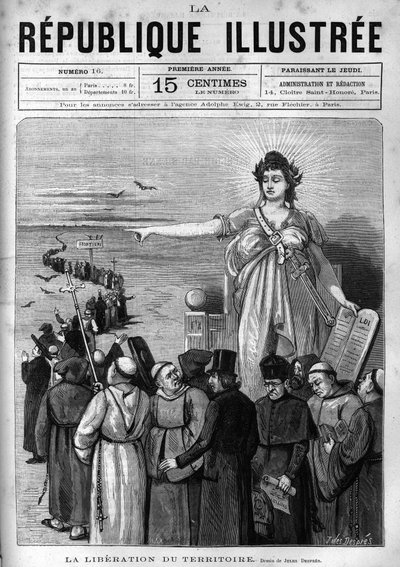 Libération du territoire : la République française expulse les congrégations religieuses non autorisées du territoire français suite aux décrets de mars 1880 pris par Jules Ferry et les privant du droit d