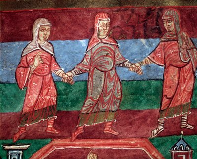 Vie de sainte Radegonde de Poitiers, femmes dansant et chantant des chansons profanes (miniature) - French School