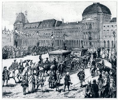 La vie sous Louis XV : le roi arrivant au Palais des Tuileries, où la reine et le dauphin l