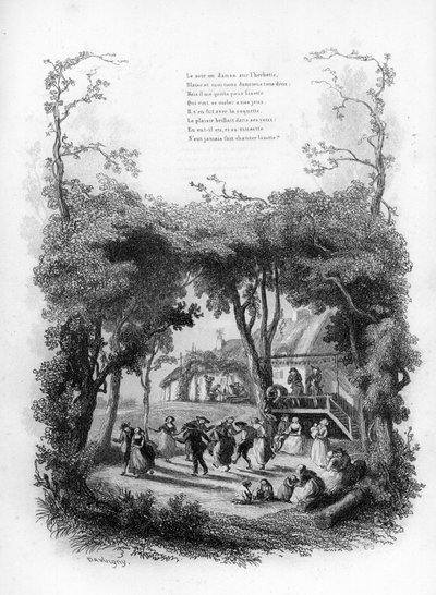 Chanson de Lisette. Fête et danse dans un village à la campagne. Gravure dans "Chants et chansons populaires de la France", Tome 2 - French School