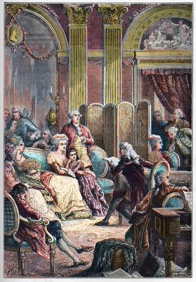 Salon littéraire - Lecture de "Paul et Virginie" par Jacques-Henri Bernardin de Saint-Pierre dans les salons de Madame Necker à Paris - aux côtés de Mme Necker son mari Jacques Necker et sa fille Germaine, plus tard, Mme de Staël - French School