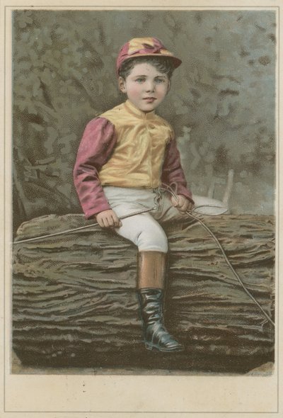 Petit garçon en tenue de jockey assis sur une bûche - French School