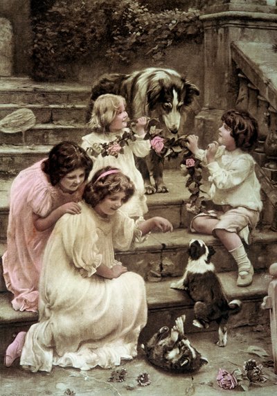 Petits enfants jouant avec des chiens Carte postale colorée du début du 20e siècle (photo) - French School