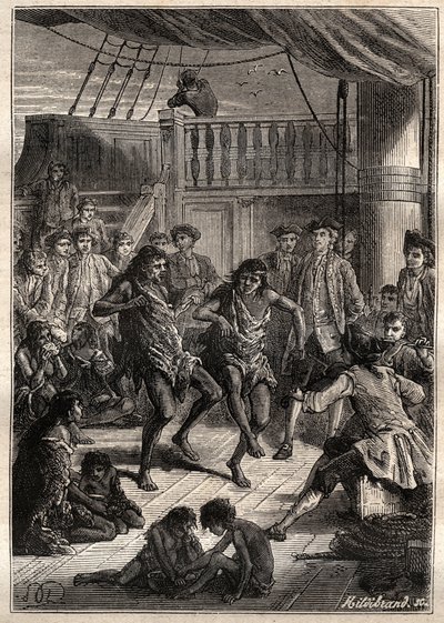 Louis Antoine, Comte de Bougainville (1729-1811) reçoit les habitants de la baie Fortescue (détroit de Magellan) dans son bateau « La Boudeuse » en 1768 - illustration tirée de « Les Grands Marins du XVIIIe siècle » - French School