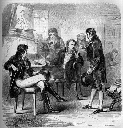 Louis Benoît (Louis-Benoît) Picard (1769-1828), écrivain et comédien français, représenté dans son atelier. Gravure de 1858. - French School