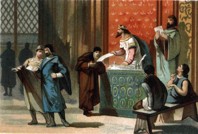 Louis VI dit Le Gros (1081-1137) a donné les chartes de poste des communes. Chromolithographie vers 1890 - French School