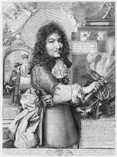 Louis XIV (1638-1715) écrasant la soi-disant religion réformée protestante avec son épée, 1685 - French School