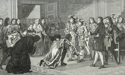 Louis XIV (1638-1715) le Roi Soleil présente son petit-fils Philippe V (1683-1746) aux envoyés espagnols, de 