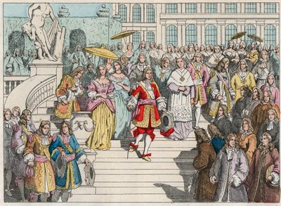Louis XIV (Louis 14) et sa cour à Versailles - Louis XIV de France et sa cour à Versailles - Gravure de la fin du 19e siècle dans «Nos Gires Nationales - Images et récits» - French School