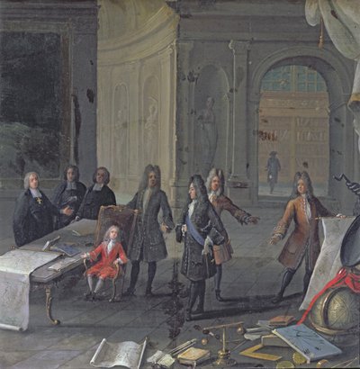Louis XIV assistant à une leçon de son arrière-petit-fils, le futur Louis XV, vers 1715 - French School