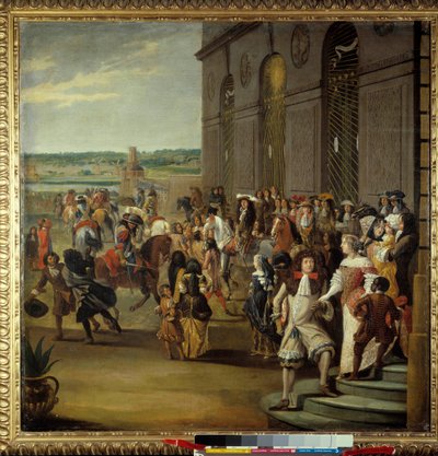 Louis XIV suivi du Grand Dauphin chevauchant devant la grotte de Thétis (Thetys) à Versailles. Le roi Louis XIV (1638-1715) et son fils Louis de France appelé le Grand Dauphin (1661-1711) devant la grotte de Thétis (Thetys) entourés de courtisans - French School