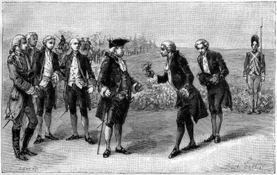 Louis XVI (1754-1793) visitant le premier champ de pommes de terre dans la plaine des Sablons (actuelle avenue de la Grande Armée, Paris), Antoine Augustin Parmentier (1737-1813) lui offrant des fleurs de pomme de terre, vers 1785. Gravure dans « La Nature - French School