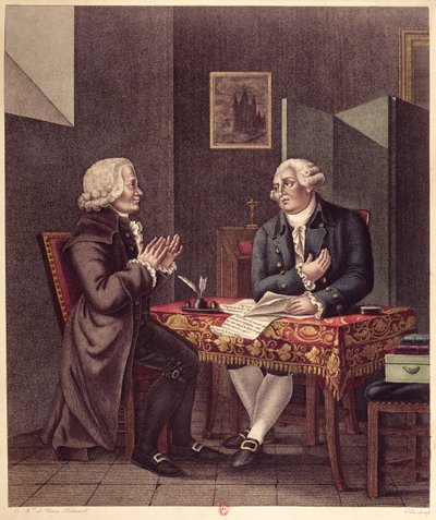 Louis XVI lisant son testament à Guillaume de Lamoignon de Malesherbes dans le Temple, 25 décembre 1793 - French School