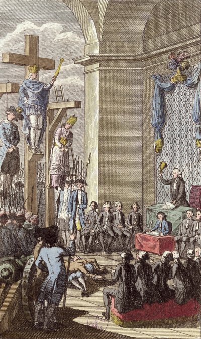 Louis XVI à son procès, crucifié entre la noblesse et le clergé, c.1792 - French School