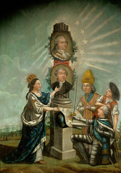 Louis XVI et son ministre des Finances Jacques Necker, admirés par les trois états de France, Aristocratie, Clergé et Bourgeoisie ... - French School