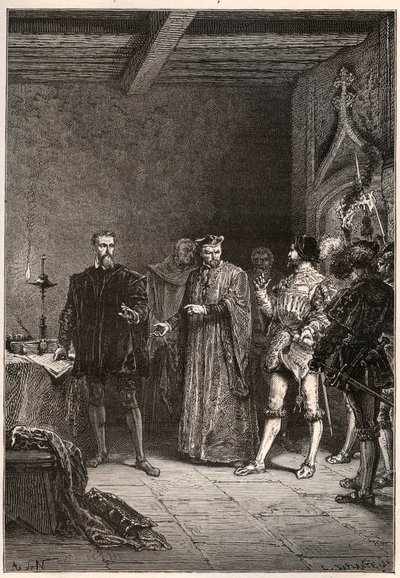 Louis de Berquin (1485-1529), chevalier et humaniste, réformateur religieux, libéré par Jean de la Barre (1523-1533) prévôt de Paris - Louis de Berquin (à gauche) libéré de prison par Jean de la Barre - gravure de « L