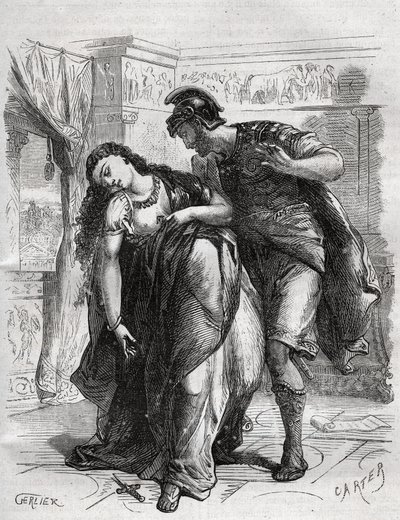 La mort de Lucrèce : Lucrèce, dame romaine du VIe siècle av. J.-C., victime de violence par son cousin Sextus Tarquin, fils de Tarquin le Superbe. Elle se suicide devant son mari, Lucius Tarquinius Collatinus - French School