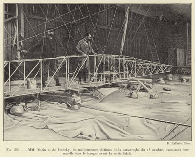 MM Morin et de Bradsky, les malheureuses victimes de la catastrophe du 13 octobre, examinant leur nacelle sous le hangar avant la sortie fatale - French School