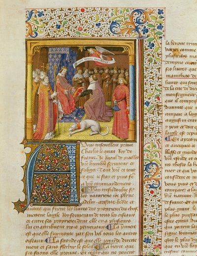MS 246 f.1r Raoul de Presles présentant sa traduction à Charles V, de La Cité de Dieu de Saint Augustin, traduit par Raoul de Presles, vers 1400-50 - French School