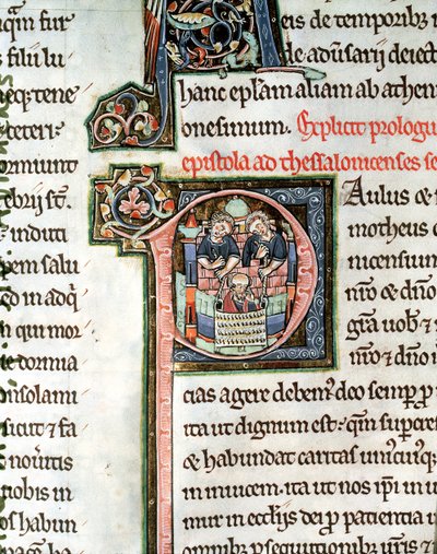 MS 3 Fol. 291v La Fuite de Saint Paul de Damas, lettre initiale illuminée P, 13ème siècle, de la Bible d