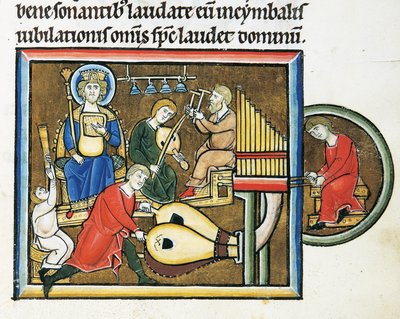 MS CXXXVII fol. 149r, Roi David tenant le psautier et musiciens jouant, du Psautier de Sainte Élisabeth - French School