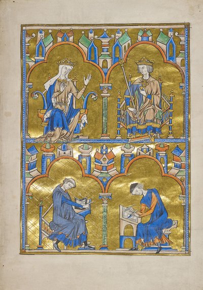 MS M.240 f.8r, Blanche de Castille et le roi Louis IX de France et en dessous : Auteur dictant à un scribe, Bible de Saint Louis (Bible moralisée), probablement Paris - French School