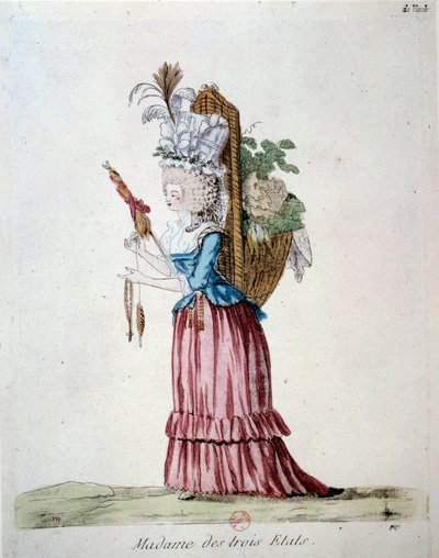 Madame des Trois États Une femme portant des vêtements élégants et un panier de fruits et légumes représentant les trois états à l