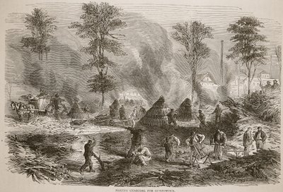 Fabrication de charbon de bois pour la poudre à canon, illustration de l