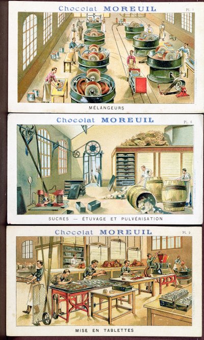 Fabrication du chocolat, image publicitaire pour le chocolat Moreuil, vers 1900 - French School