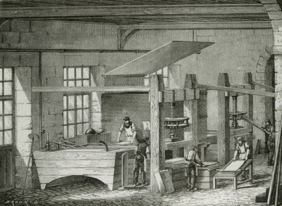 Fabrication de papier à la main par tamisage de la pâte. Gravure vers 1870. - French School