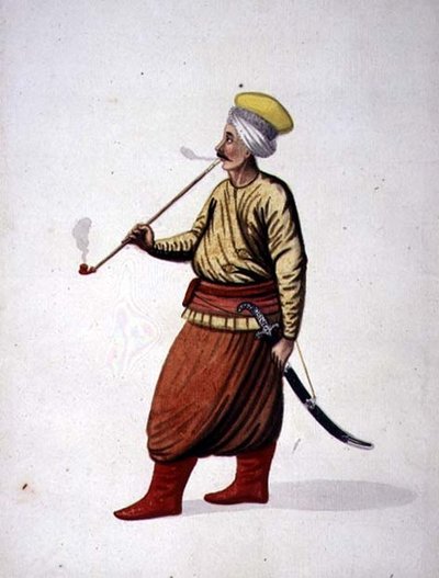 Homme fumant une pipe, période ottomane, troisième quart du 18ème siècle (aquarelle sur papier) - French School