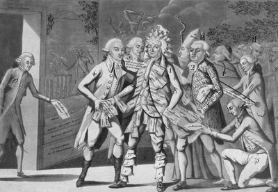 Homme en assignats :... groupe de députés cherchant un Brissoter (Jacques Pierre Brissot de Warville 1754-1793) Anonyme. Estampe. 1791 - French School