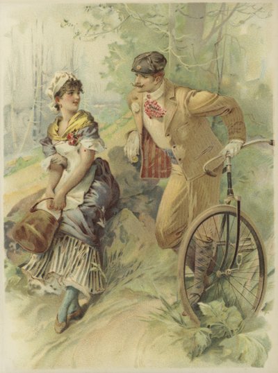Homme à bicyclette faisant des avances à une femme de chambre (chromolitho) - French School