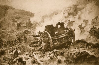 Homme à homme enfin ! Infanterie française poursuivant une batterie allemande en fuite dans une vallée balayée par la pluie de l