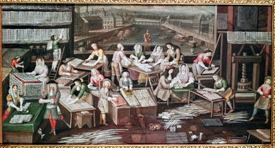 Fabrication de cartes à jouer dans une maison de la place Dauphine (dessin pour un éventail, gouache sur papier, vers 1680) - French School