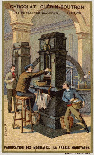 Fabrication de pièces de monnaie. Presse à monnaie - French School
